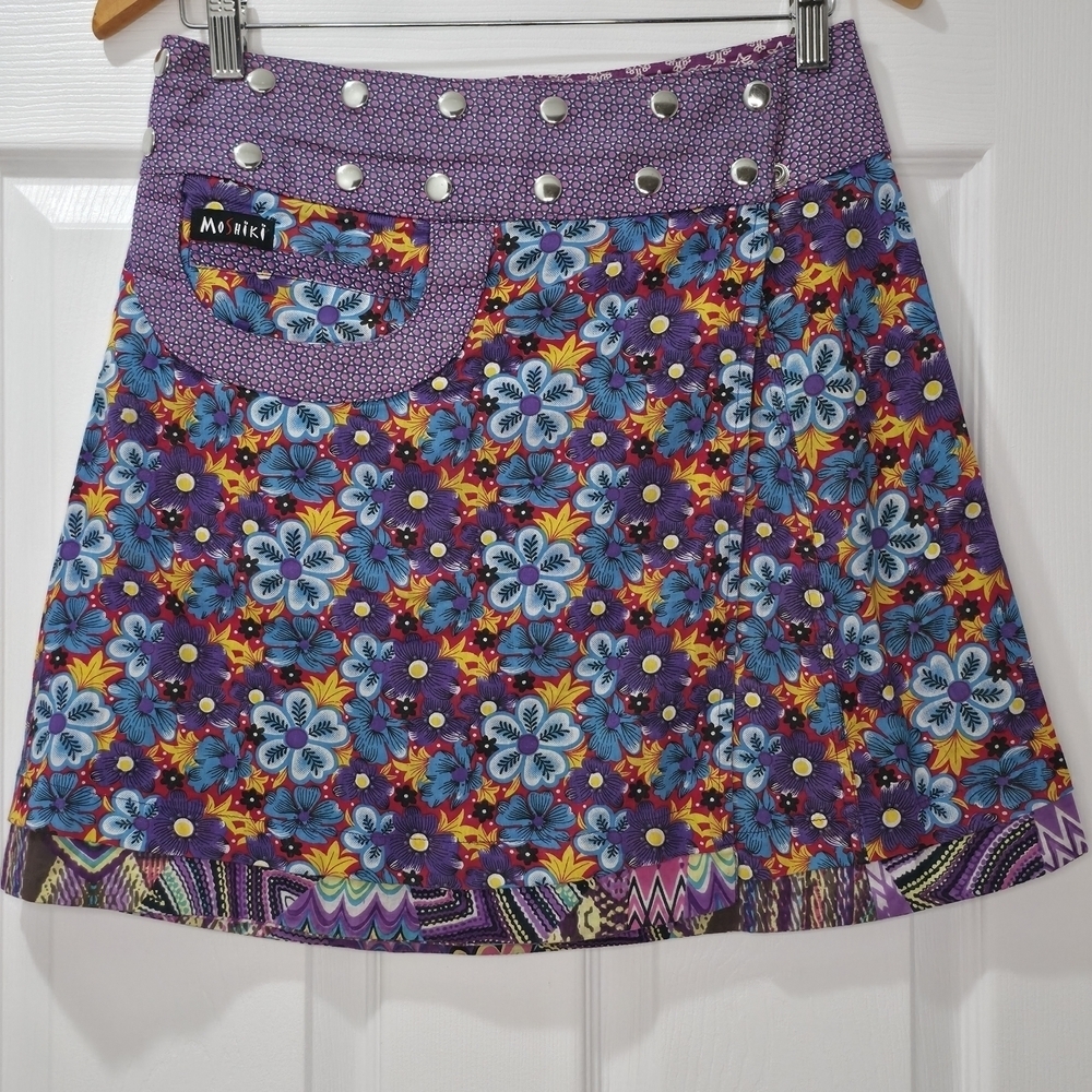 Moshiki (or Miriki/Gugi) Reversible Floral Cotton Wrap Mini Skirt Snap OSFM S-XL